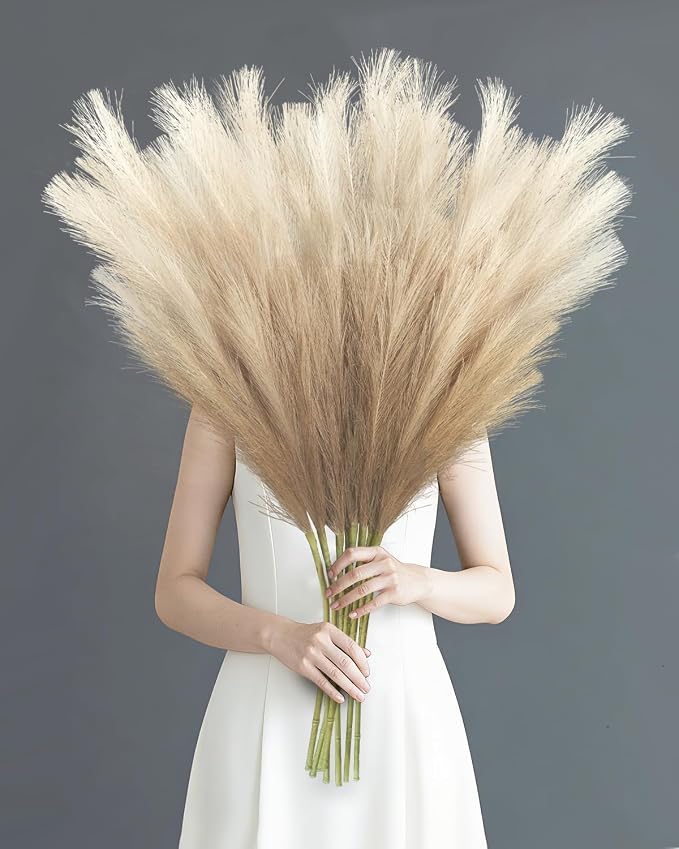 Torontokyo 8Pcs Beige Brown Faux Pampas Grass Tall Decor, 35.4” Fluffy Artificial Pompous Grass Branches, Large Pampas Grass Reed Stems for Floor Vase Filler, Wedding, Baby Shower, Home and Boho Decor