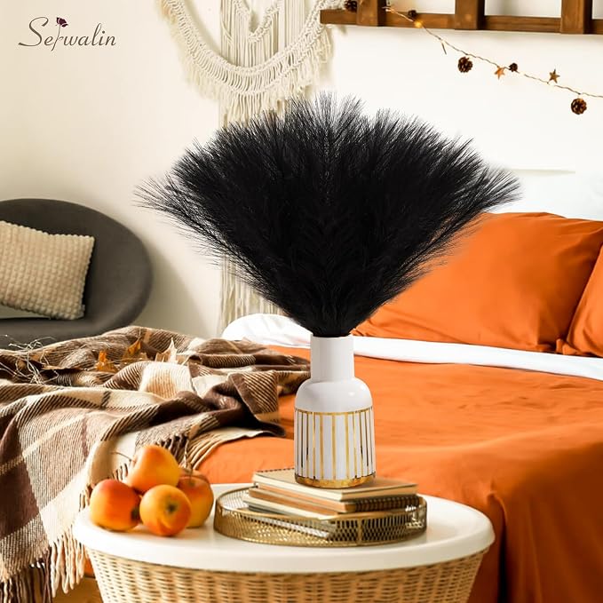 Serwalin 60Pcs Black Pampas Grass Decor, 17.7'' Faux Pampas Grass, Fluffy Short Artificial Pompous Grass for Gothic Room Decoration, Wedding, Party, Halloween and Home Decor