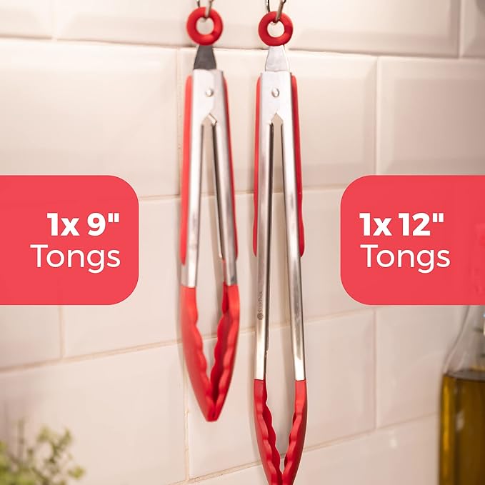 StarPack Premium Silicone Kitchen Tongs Set of 2 (9-Inch & 12-Inch) - Stainless Steel with Non-Stick Silicone Tips, High Heat Resistant to 480°F, For Cooking, Serving, Grill, BBQ & Salad (Cherry Red)
