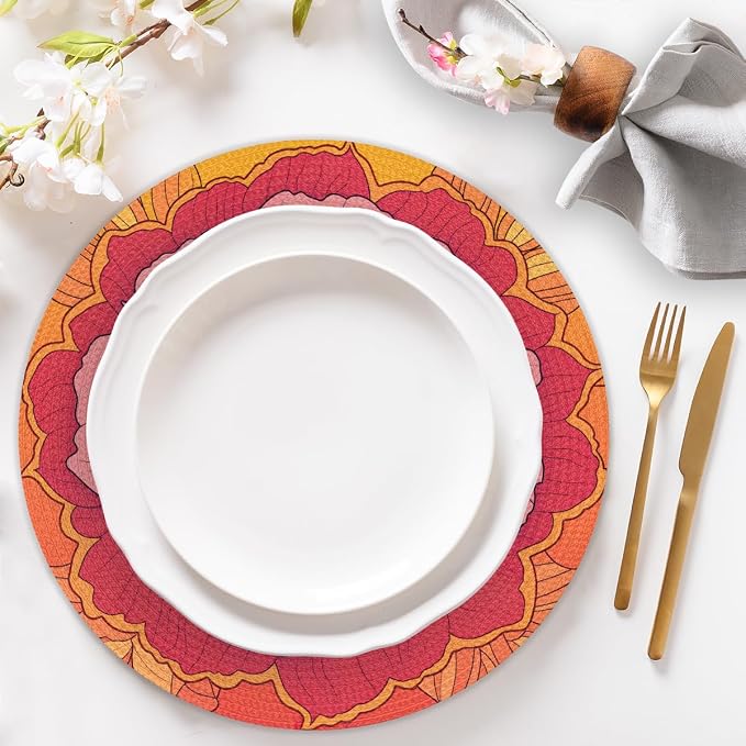 Round Placemats Set of 4, Pink Orange Flowers Woven Placemats Mats Non-Slip Heat Resistant Washable Table Mats Round Braided Place for Farmhouse Kitchen Dining Party Decor 15in