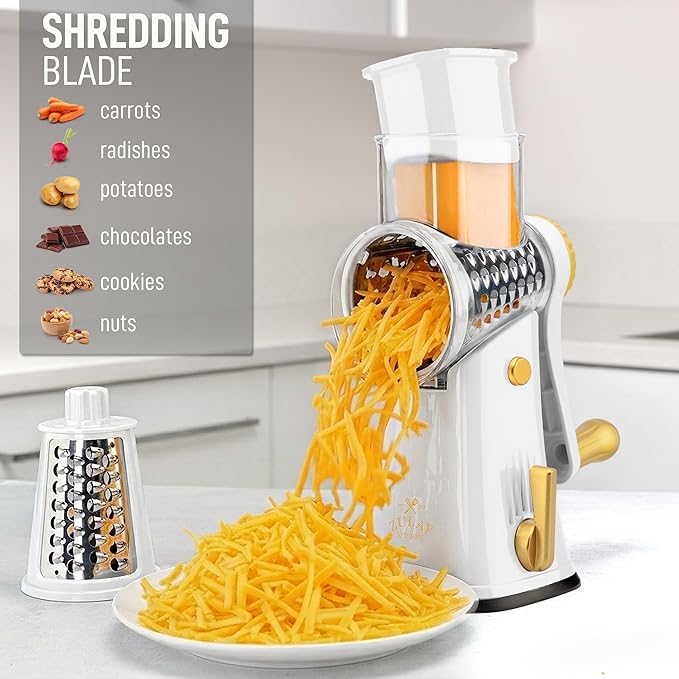 Zulay Kitchen Rotary Cheese Grater 5 Blade Cheese Shredder - Manual Hand Crank Cheese Grater With Reinforced Suction & 5 Interchangeable Drums - Easy to Use, Vegetable Chopper Round Mandoline Slicer