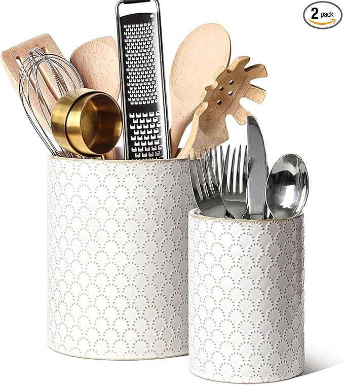 LE TAUCI Utensil Holder for Kitchen Counter - 7.1"+5.4" Ceramic Kitchen Utensil Holder Set of 2, Large Cooking Utensil Crock & Organizer for Spatula, Spoon - Embossed Kitchen Decor, White,Fireworks