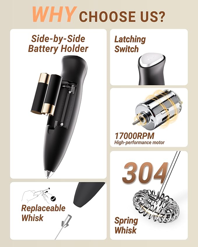 Milk Frother Handheld Frother Wand Drink Mixer Handheld Coffee Stirrers Electric Frother for Coffee Mixer Wand with 2 Whisk frother for protein powder coffee frother handheld -Black