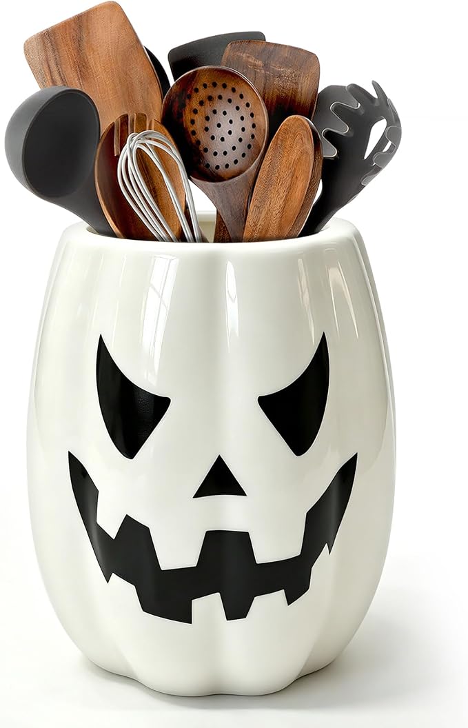 pinata Halloween Kitchen Decor Ceramic White Pumpkin Utensil Holder, Cute Halloween Utensils Holder, Ceramic Utensils Crock for Rustic Farmhouse Indoor Kitchen Decorations(6.3 Inches)