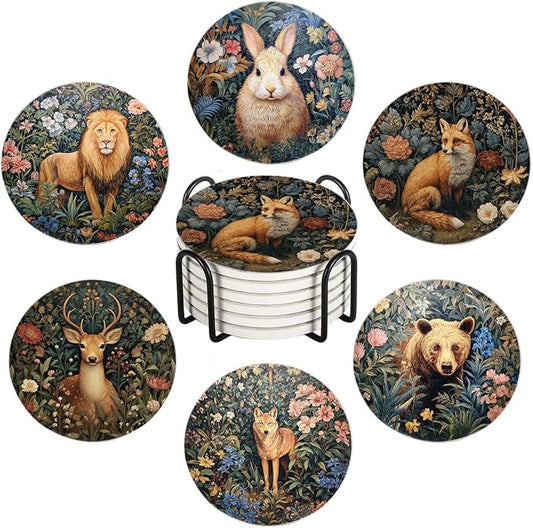 Drink Coasters for Drinks Set of 6, Vintage Botanical Floral Wild Animals Absorbent Round Ceramic Stone Mat Coaster, with Cork Base and Metal Holder, Home Bar Decor House Warming Gift