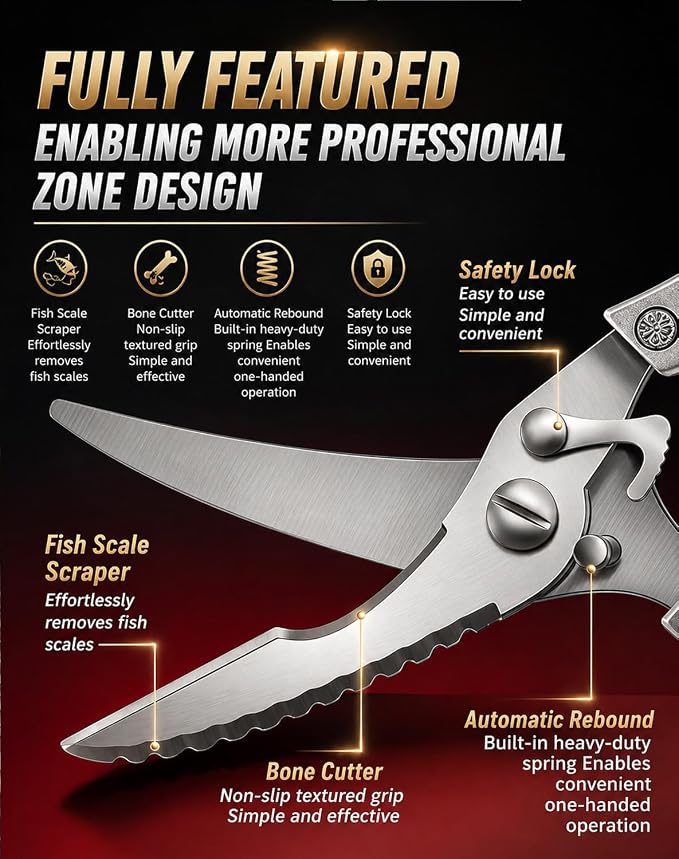 Stainless Steel Bone-Cut Kitchen Scissors, Heavy Duty Kitchen Scissors for Bone Cutting, Poultry Shears with Spring Loaded Handle, Multi-Function Snips for Chicken, Meat, Fish, Vegetables (Style B)