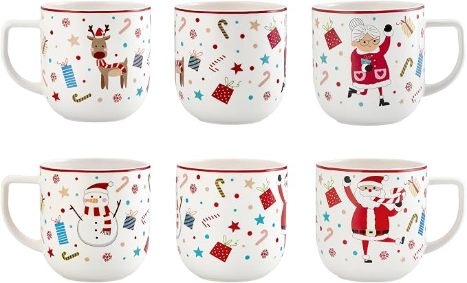 Bico Christmas Merry Crew Ceramic Mug Set of 4, Christmas Coffee Mugs, 19oz Holiday Cups for Tea, Cocoa, or Hot Drinks, Microwave & Dishwasher Safe