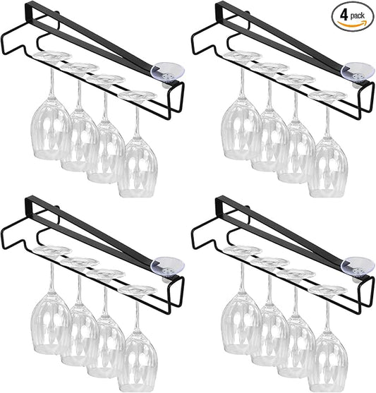 4 Pcs Wine Glass Holder, Stemware Rack Hanger Under Cabinet Wine Glass Rack Kitchen Hanging Glasses Storage Rack Organizer, Black