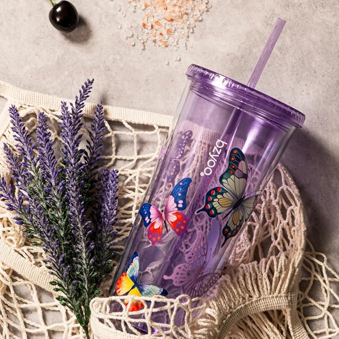 bzyoo SIP 24oz (710ml) Double Wall Plastic Tumbler with Lid and Straw Cold Drink Travel Mug Reusable Party Cup Perfect for Ice Coffee, Tea Office Poolside Parties Gifts Color: Butterfly Purple
