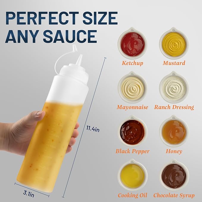 32oz Squeeze Bottles, Clear Condiment Squeeze Bottles for Sauces, Plastic Ketchup Bottle Squeeze for Liquids, Cooking Squirt Bottle for Kitchen, Oil, Food - 6 Pack