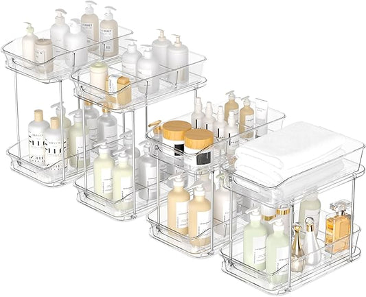 incostar 2 Tier Pull-Out Storage Organizer for Bathroom and Kitchen, Under Sink Organizer with Dividers, Ideal for Organizing Cupboard,Bathroom Vanities,Cabinet, Slide-Out Clear Storage, 4 Pack