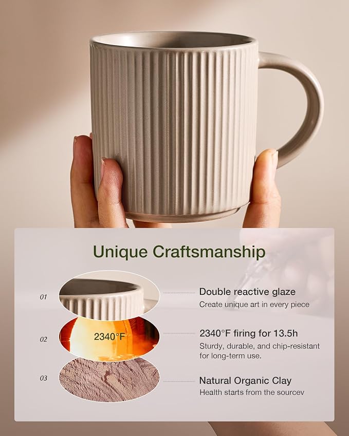 famiware Coffee Mug Set for 6, Star 12 oz Catering Mugs Cup Set with Handle for Coffee, Tea, Cocoa, Milk- Ceramic Stoneware Drinkware Set, Cinnamon Brown