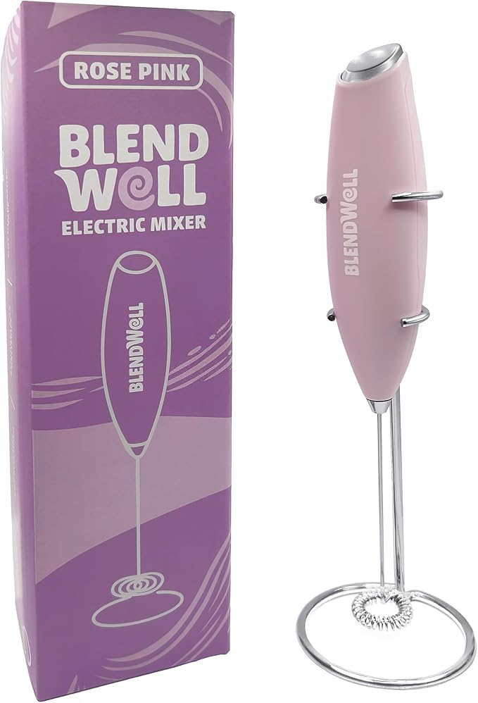 BlendWell Electric Milk Frother for Matcha and Coffee, Handheld Battery Operated Drink Mixer with Stand, Stainless Steel Whisk, Rose Pink