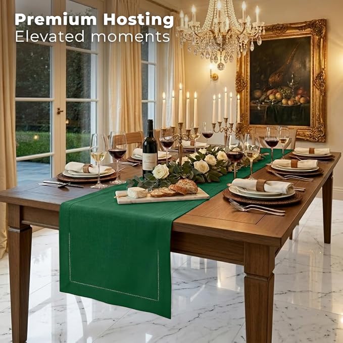 Signature Linen™ by D'Moksha Eden Green Table Runner 90 Inches Long, 100% Pure Linen, Hemstitch, 14 x 90 Inch Table Runner for Dresser, Dining- Summer, Father's Day