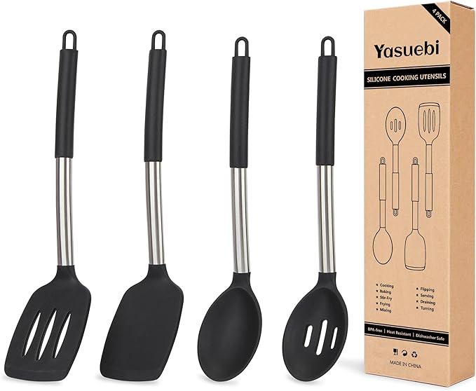 Silicone Cooking Kitchen Utensils Set Kitchen Utensils Set Silicone Cooking Utensils Set for Nonstick Cookware Perfect for Baking and Mixing Spatula Set BPA Free Dishwasher Safe Black 4 Pack
