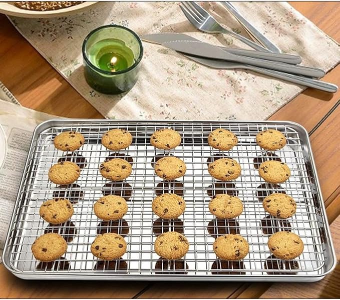 304 Stainless Steel Cooling Rack, Flat Baking Rack for Bread, Roasting, Grilling & More – Dishwasher Safe (Grid Pattern,25×19 cm (9.8×7.5"))