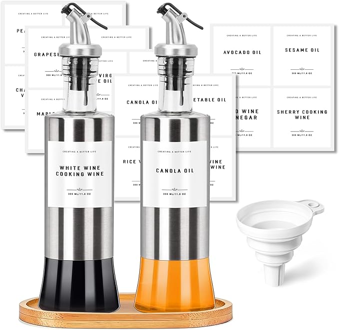 Olive Oil Dispenser Bottles for Kitchen with Bamboo Tray, Oil and Vinegar Dispenser Set, Stainless Steel Glass Dispensers, 300ml - Set of 2