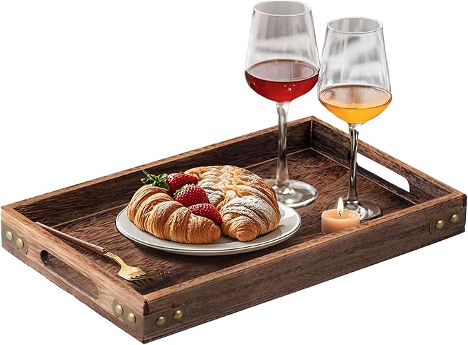 Serving Tray with Handles,15.8"x 11" Wood Decorative Tray for Living Room, Modern Coffee Table Tray, Square Large Serving Platters for Home Decor, Ottoman, Bed, Kitchen, Bathroom, Breakfast, Bar