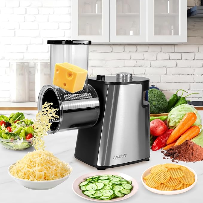 Anatole Electric Cheese Grater Stainless Steel Vegetable Shredder 6 Blades 250W Large Inlet Outlet BPA-Free 110V