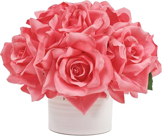 WELL KNOWN Artificial Flowers in Vase, Silk Rose Arrangement Mini Potted Fake Flowers with White Ceramic Vase for Home Wedding Vanity Coffee Table Centerpiece Bathroom Anniversary Decor (Hot Pink)