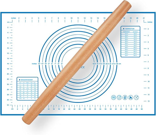 Wood French Rolling Pin for Baking, QUELLANCE Wooden Dough Roller with Silicone Baking Mat, Beech Wood Rolling Pins for Baking Dough, Pizza, Pie, Pastries, Pasta and Cookies,Blue Pastry Mat