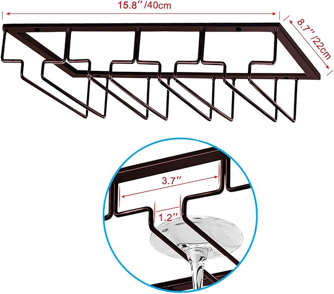 MOCOUM Wine Glasses Rack Under Cabinet Stemware Rack, Wine Glass Hanger Rack Wire Wine Glass Holder Storage Hanger for Cabinet Kitchen Bar (Brown, 4 Rows 2 Pack)