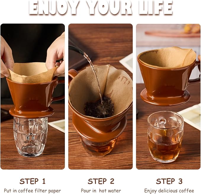 Pour Over Coffee Dripper, Ceramic Pour Over Coffee Maker with 3 Holes Flat Bottom, Easy Manual Brew Maker, Porcelain Slow Filter Cone for Travel, Camping, Office, Home,Brown