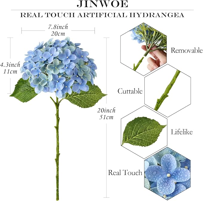 JINWOE 4Pcs Hydrangea Artificial Flowers, 20" Lifelike Latex Silk Real Touch Faux Hydrangea Flowers, Artificial Hydrangeas Bouquet for Wedding Centerpieces Tables Party Home (Blue)
