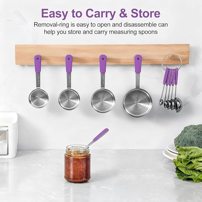 Bopei Measuring Cups and Spoons Set Stainless Steel 10 Piece for Cooking and Baking (5 Cups + 5 Spoons, Purple Handle)