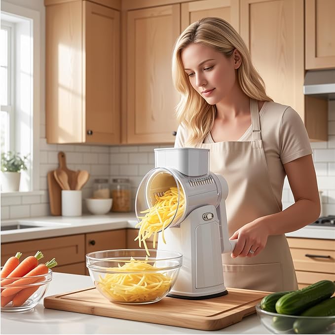 Rotary Cheese Grater for Kitchen, 3-in-1 Manual Vegetable Slicer & Shredder with 3 Stainless Steel Blades, Strong Suction Base Hand Crank Mandoline Food Processor for Cheese, Potato, Nut