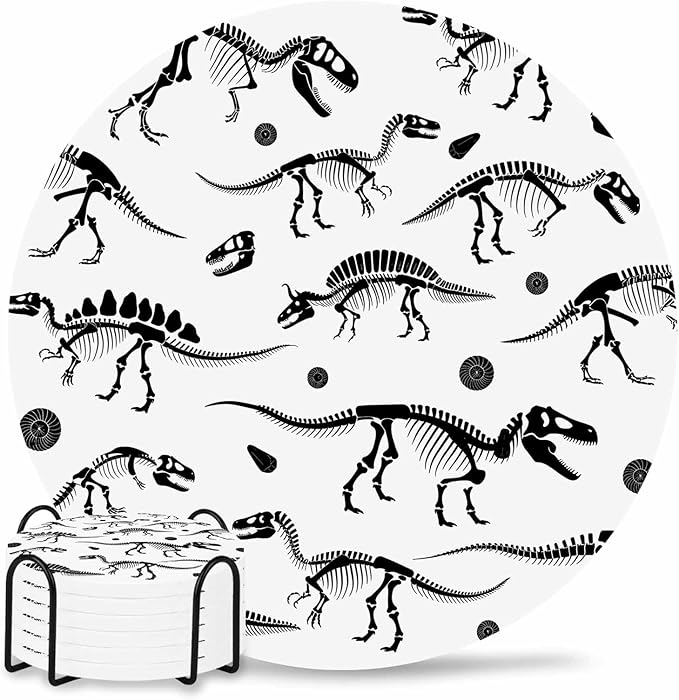 Coasters Set of 6 Dinosaur Fossils Drink Coasters with Holder Absorbent Stone Ceramic Cup Mat Black White Animal Coaster for Drinks Coffee Bar Office Kitchen Cafe Home Decor