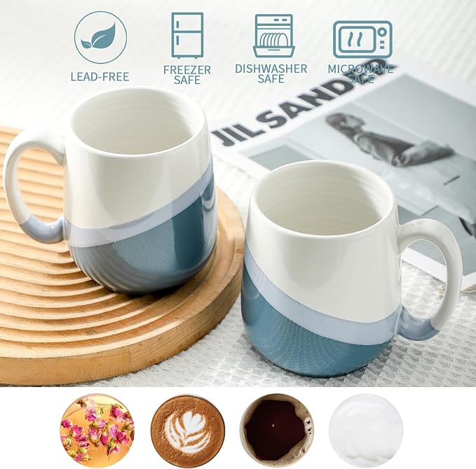 Coffee Mugs Set of 4,Ceramic 15 OZ Coffee Cups with Big Handle,Large Tea Cups for Hot Beverages,Yogurt, Cappuccino,Latte,Gift for Mom and Dad,Dishwasher Safe&Microwave Safe,White & Blue
