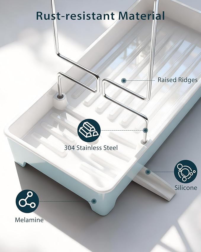 Minimalist Sink Caddy, Rustproof Sponge Holder for Kitchen Sink with 304 Stainless-Steel Brush Holder, Countertop Rack Organizer with Raised Ridges & Silicone Drain Tube (Pastel Blue, Large)