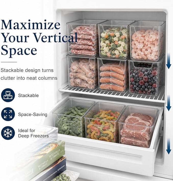 Clear Crystal Freezer Storage Bins,3 Pack Clear Plastic Organizer Freezer Bins for Refrigerator and Pantry,Stackable Kitchen Cabinet Containers with Handles (Crystal Clear, 3pcs*Large)