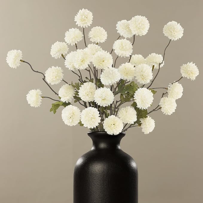 DuHouse 6pcs Artificial Flowers Faux Silk Pompon Mum,Artificial Kiku Flower White for DIY Wedding Bouquets Centerpieces Vase Home Table Kitchen Decorations(Ivory White)
