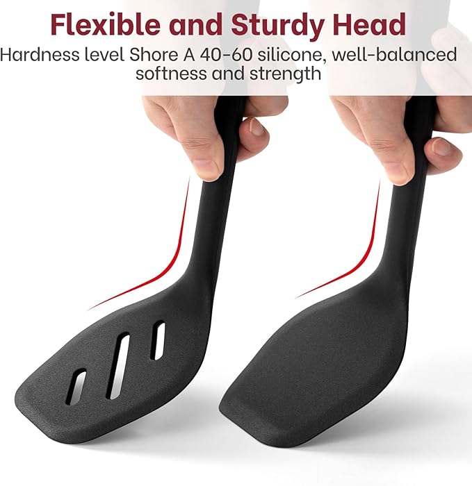 Pack of 2 Silicone Spatula Set, Durable One-Piece Design Heat Resistant BPA-Free Silicone Kitchen Spatulas for Non-Stick Pans, Solid & Slotted Spatula Turner Ideal for Flipping, Frying, Black