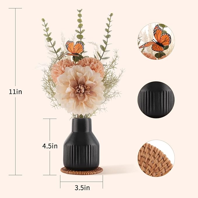 Small Fake Flowers in Vase 14"Centerpiece Table Decorations Silk Flowers Arrangements Ceramic Vase Dahlia Chrysanthemum Artificial Flowers Bouquet for Bathroom Dining Room Kitchen Wedding (Black)