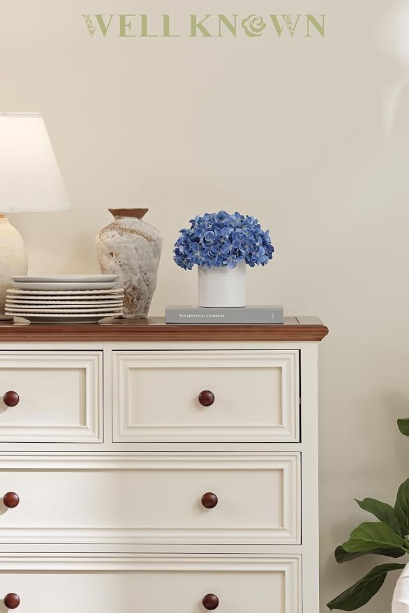 Blue Hydrangea Fake Flowers in Vase, Artificial Flowers with Ceramic Vase, Small Faux Potted Floral Arrangements for Home Bathroom Kitchen Office Coffee Table Wedding Party Centerpiece Decor & Gift