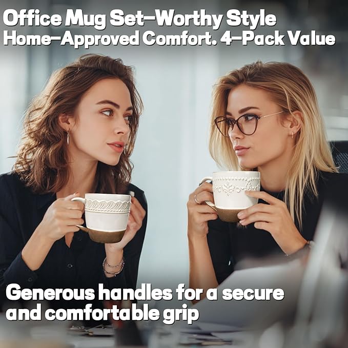 Artena Ceramic Coffee Mugs Set of 4, 16oz Embossed Large Latte Mugs Coffee Cups with Handle for Tea, Latte, Cappuccino & Cocoa, Milk Dishwasher & Microwave Safe, White (Willow Leaf)