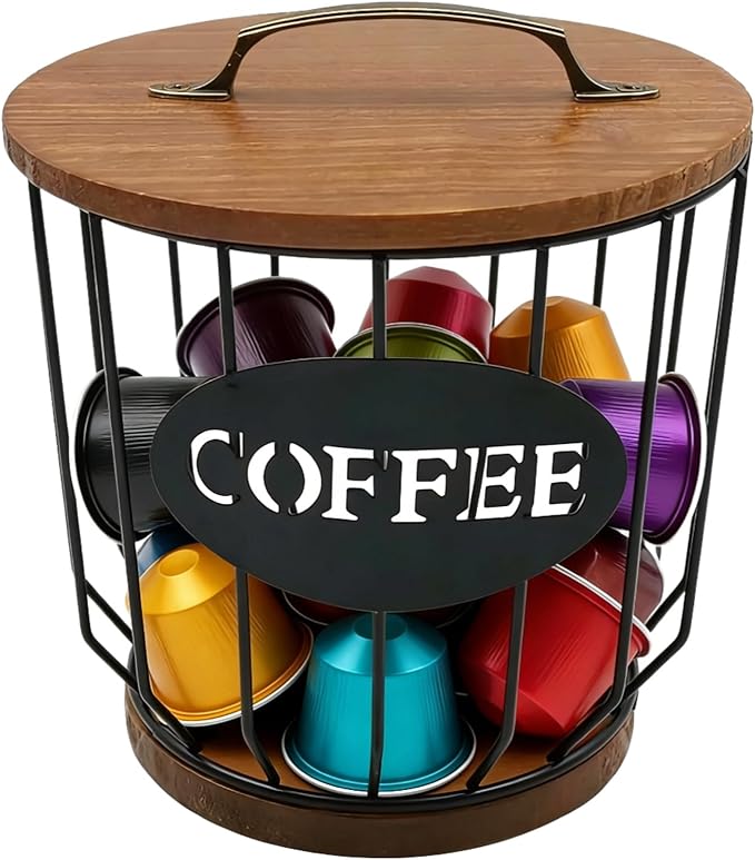 Metal Coffee Pod Holder Wire Coffee Pods Storage Basket Espresso Capsule Storage for Home Kitchen Cafe Hotel (Black with lid)