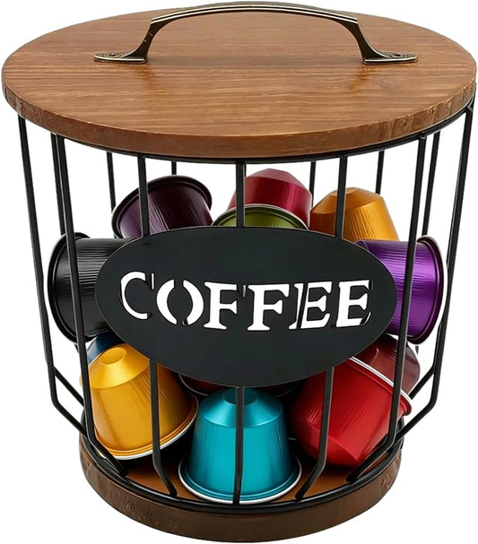 Metal Coffee Pod Holder Wire Coffee Pods Storage Basket Espresso Capsule Storage for Home Kitchen Cafe Hotel (Black with lid)