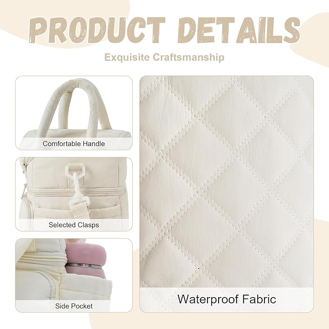 Nanxson Women Lunch Bag Double Deck Insulated Lunch Tote Bag Leakproof Quilted Puffer Lunch Box Reusable Lunch Cooler with Adjustable Strap For Work Picnic Travel Outdoor (10.9L, Beige)