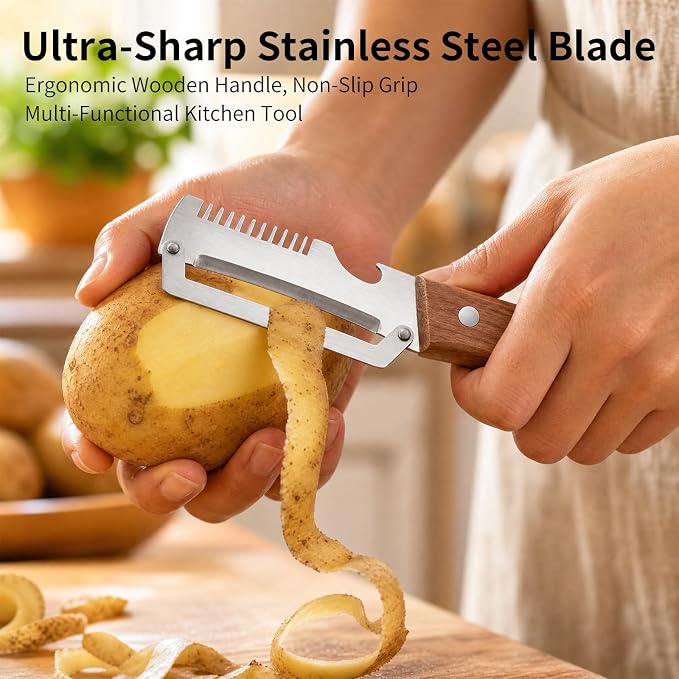 Multi-Functional Kitchen Peeler, 3 in 1 Premium Vegetable Peeler with Wooden Handle and Bottle Opener,Kitchen Gadgets Tool for Fruit Pumpkin Peeling Potato Carrot Veggie Peeler