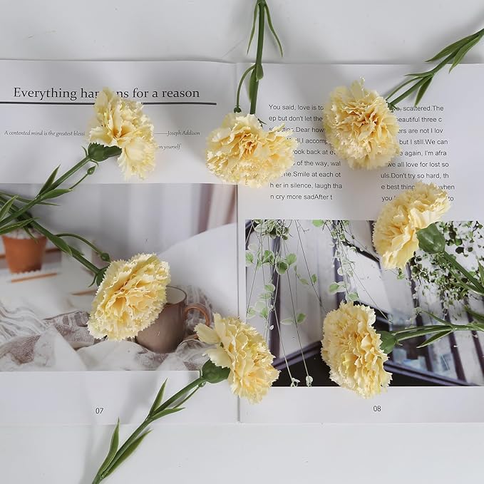 Artificial Carnation Flowers - 15pcs Fake Yellow Silk Flowers with Stems for Home Decor, Wedding, Bridal Bouquet, Anniversary, Birthday Floral Arrangements