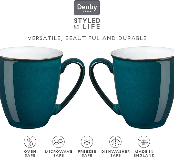 Denby - Greenwich Coffee Breakers Set of 2 - Dishwasher, Oven, Microwave, and Freezer Safe, 330ml (12cm x 10cm x 10cm) Green, White Ceramic Stoneware Tableware - Chip & Crack Resistant