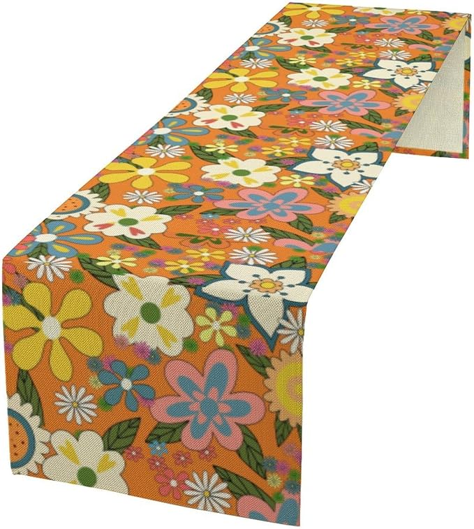 Retro Floral Table Runner,Vintage 70s Hippie Summer Groovy Daisy Flower Table Runner for Home Kitchen Dining Table Party Holiday Decor 13"x90"
