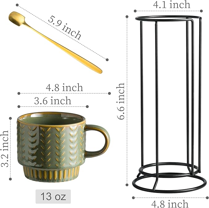 Miamolo Coffee Mugs Set of 4 with Spoons & Rack, Stackable Espresso Cups 13oz Coffee Mug for Drinks Latte Cappuccino Tea, Turkish Coffee Cup for Housewarming Wedding Gift, Dishwasher Safe
