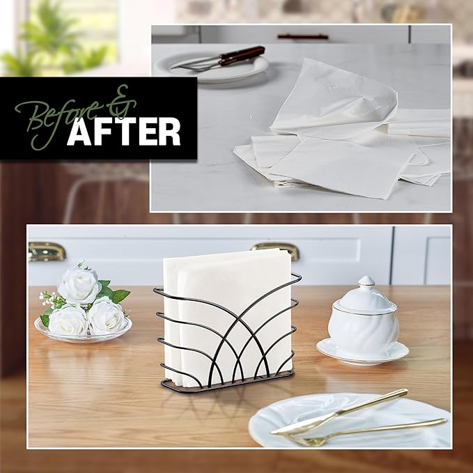Napkin Holder for Table – Black Iron Upright Napkin Dispenser for Paper Napkins, Napkin Dispenser for Kitchen Dining, Cocktail Picnic Bar Modern Kitchen and Dining Decor, Servilletero