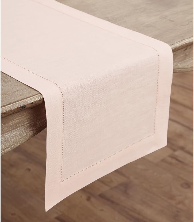 Solino Home Linen Pink Table Runner 120 Inches Long - 100% Pure Linen Hemstitch 14 x 120 Inch Table Runner for Dining, Summer - Classic Hemstitch