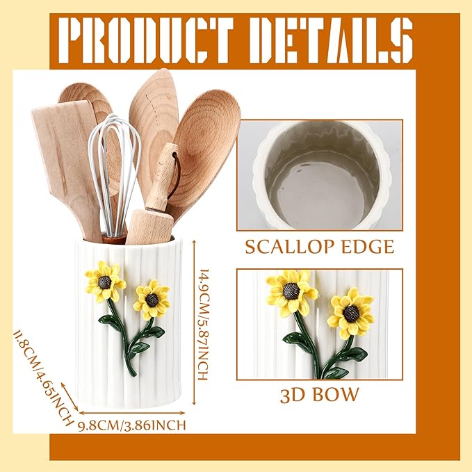 LemonRoad Ceramic Utensil Holder - 3D Sunflower Kitchen Decor, Countertop Cooking Tool Storage Crock for Spatulas, Whisks, Vase Decor Pen Holder Graduation Gift for College Students Storage Caddy